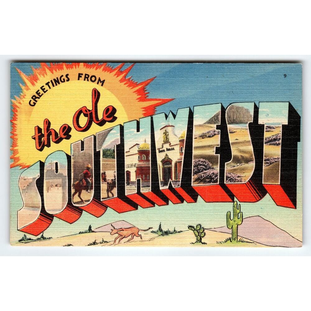 Vintage Large Letter Linen Postcard Greetings from the Ole Southwest El Paso TX